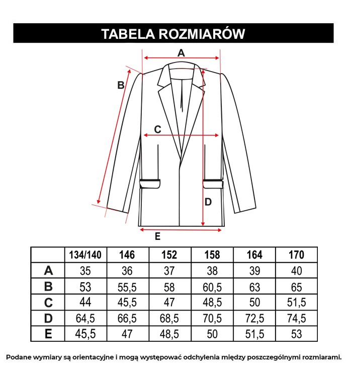 Tabela rozmiarów - Czarna marynarka oversize z modnymi przeszyciami