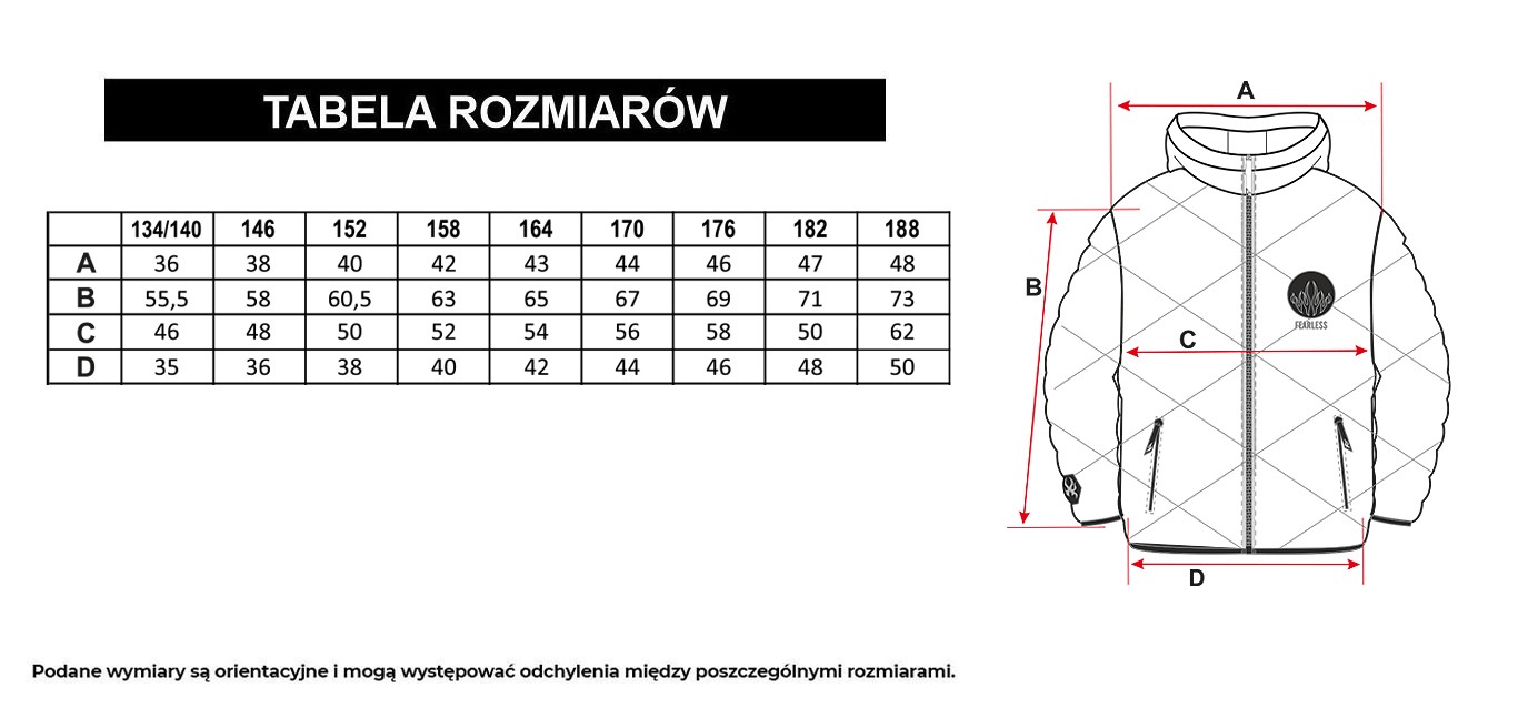 Tabela rozmiarów - Czarna pikowana kurtka z naszywką z przodu