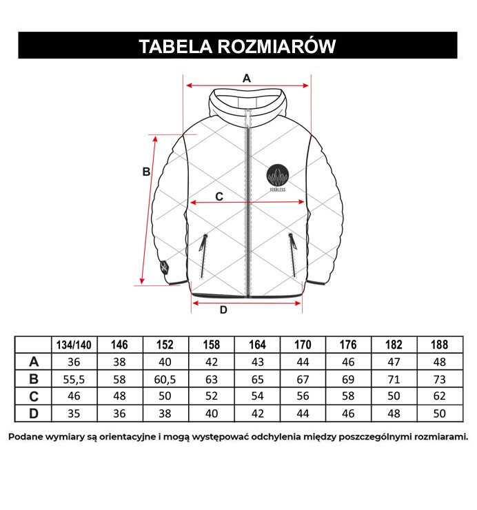 Tabela rozmiarów - Czarna pikowana kurtka z naszywką z przodu