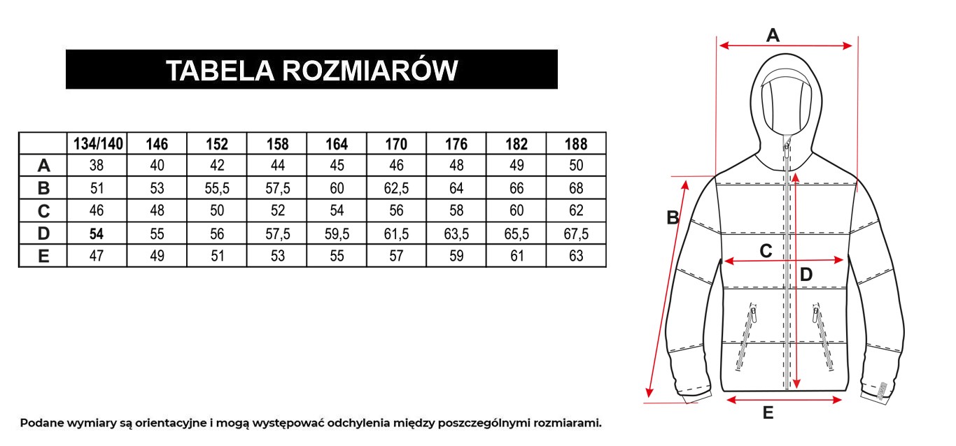 Tabela rozmiarów - Czarna kurtka z kapturem z przestrzennymi kieszeniami z przodu ocieplana