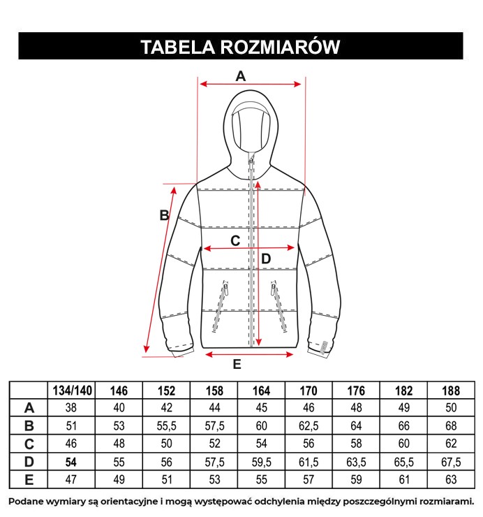 Tabela rozmiarów - Czarna kurtka z kapturem z przestrzennymi kieszeniami z przodu ocieplana