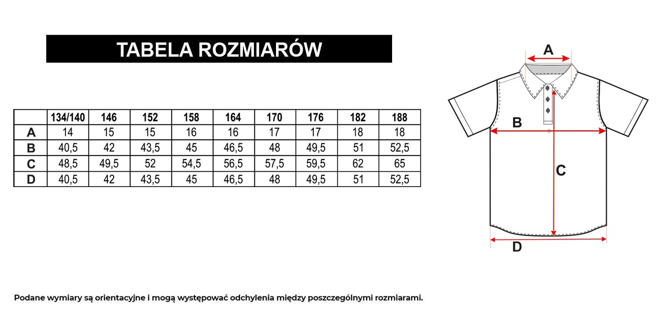 Tabela rozmiarów - Czarna koszulka polo z kontrastowymi paskami na kołnierzyku