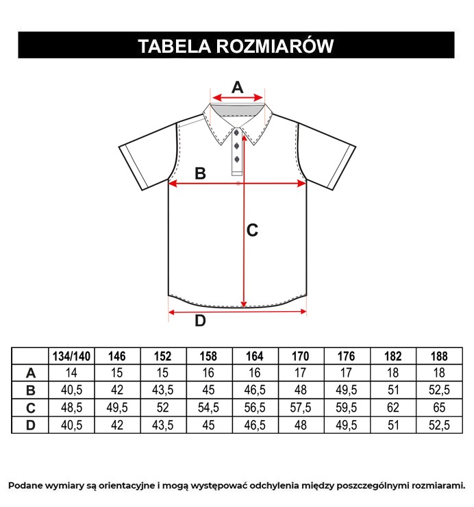 Tabela rozmiarów - Czarna koszulka polo z kontrastowymi paskami na kołnierzyku