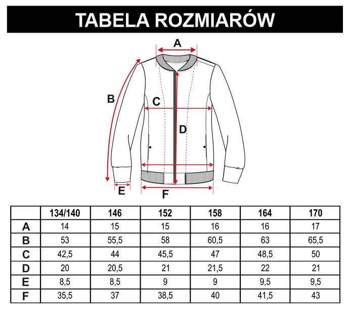 Tabela rozmiarów - Wzorzysta rozpinana bluza a'la bomberka
