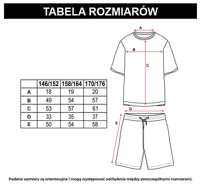 Tabela rozmiarów - Czarna piżama T-shirt i spodenki