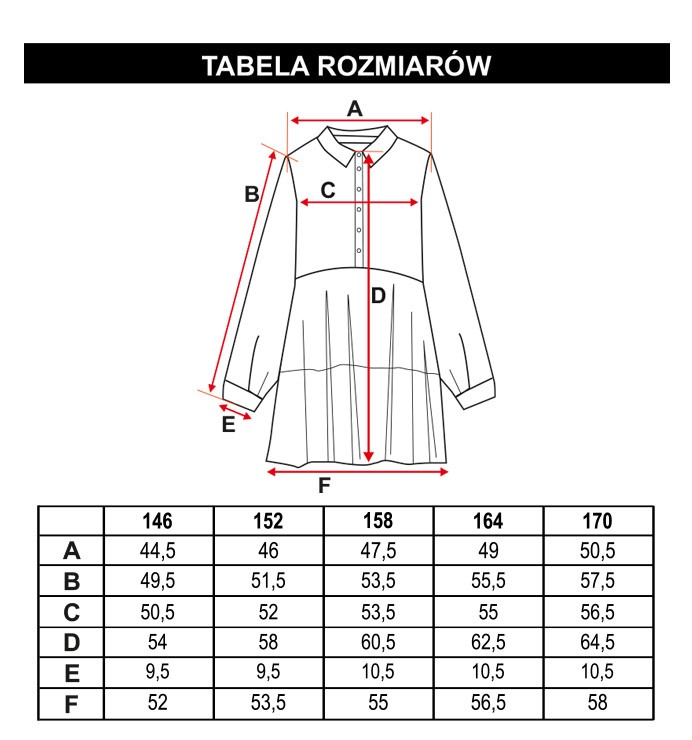 Tabela rozmiarów - Czarna sukienka z długim rękawem LEMON