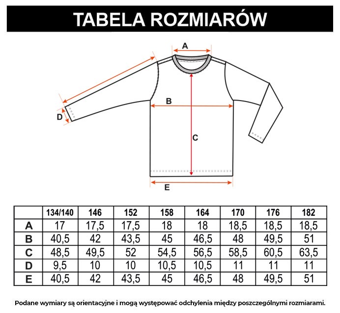 Tabela rozmiarów - Czarna koszulka z długim rękawem i nadrukami