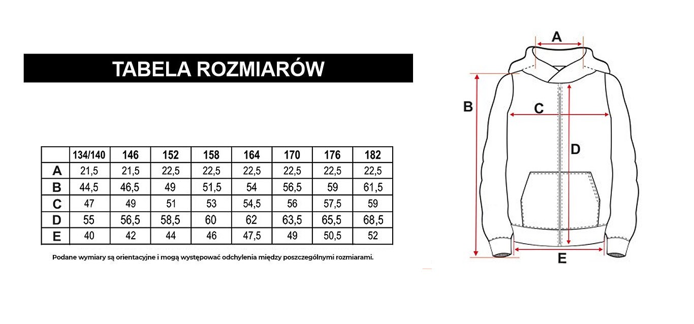 Tabela rozmiarów - Czarna rozpinana bluza dresowa z nadrukami i kapturem