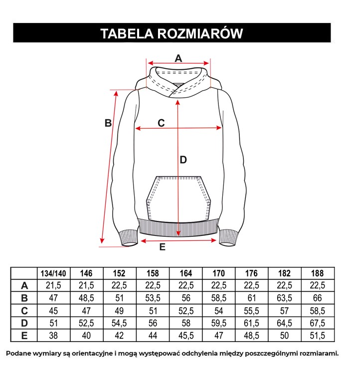 Tabela rozmiarów - Fioletowa bluza z kapturem z kolorowym nadrukiem z przodu i na rękawie