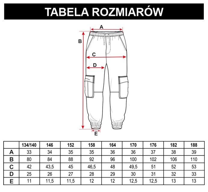 Tabela rozmiarów - Czarne spodnie typu cargo
