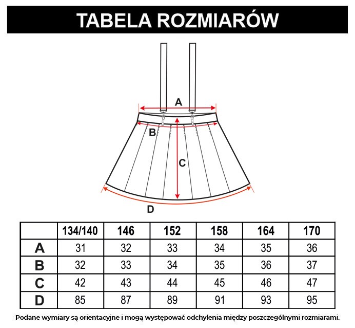 Tabela rozmiarów - Czarna plisowana spódniczka z szelkami