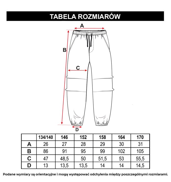 Tabela rozmiarów - Zielone spodnie typu joggery z zaszewkami na nogawkach