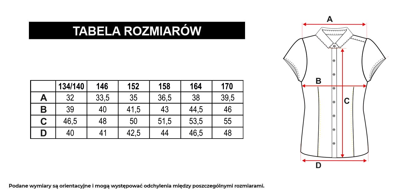 Tabela rozmiarów - Biała koszula z krótkim rękawem z czarną aksamitką