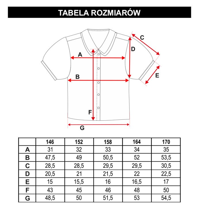 Tabela rozmiarów - Biała koszula z krótkim rękawem i ozdobnym kołnierzem