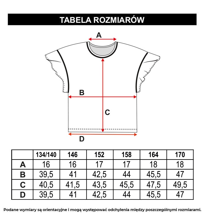 Tabela rozmiarów - Biała elegancka bluzka z ozdobną czarną lamówką