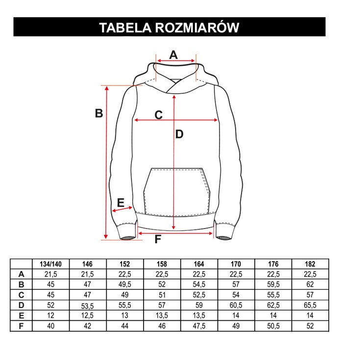 Tabela rozmiarów - Czarna bluza dresowa z nadrukami z kapturem