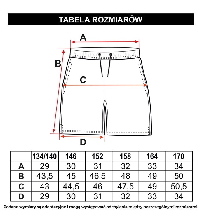 Tabela rozmiarów - Czarne krótkie spodenki bez ozdób