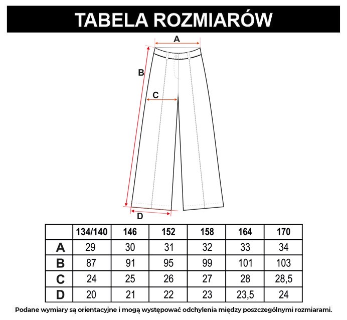 Tabela rozmiarów - Czarne spodnie z szeroką nogawką WIDE LEG