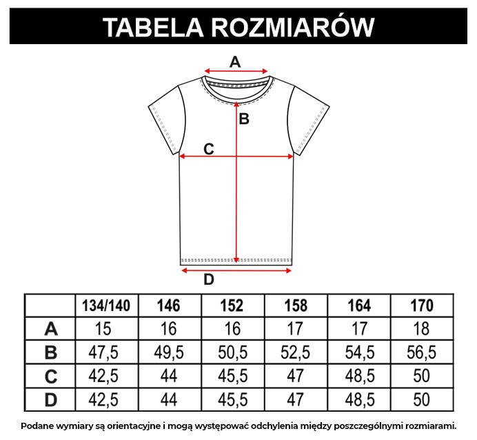 Tabela rozmiarów - Czarny T-shirt z kolorowym nadrukiem z przodu