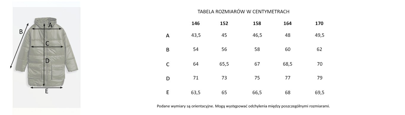 Tabela rozmiarów - Ocieplana kurtka khaki o modnym, oversizowym kroju