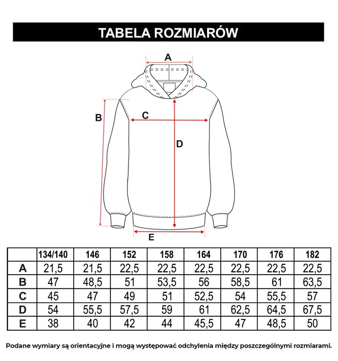 Tabela rozmiarów - Beżowa bluza z kapturem z czarnymi nadrukami na całości