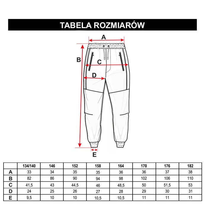 Tabela rozmiarów - Czarne spodnie dresowe z zasuwanymi kieszeniami