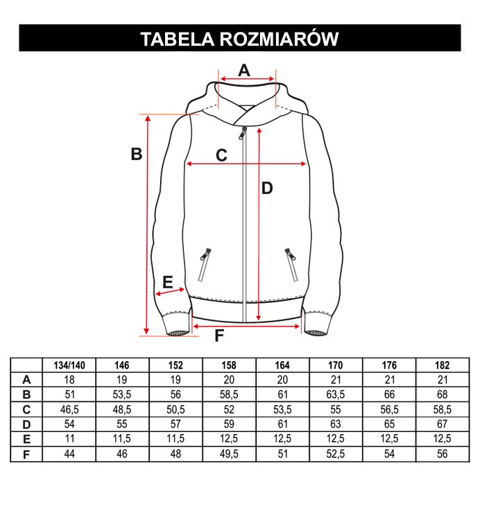 Tabela rozmiarów - Czarna bluza rozpinana bluza dresowa z kapturem