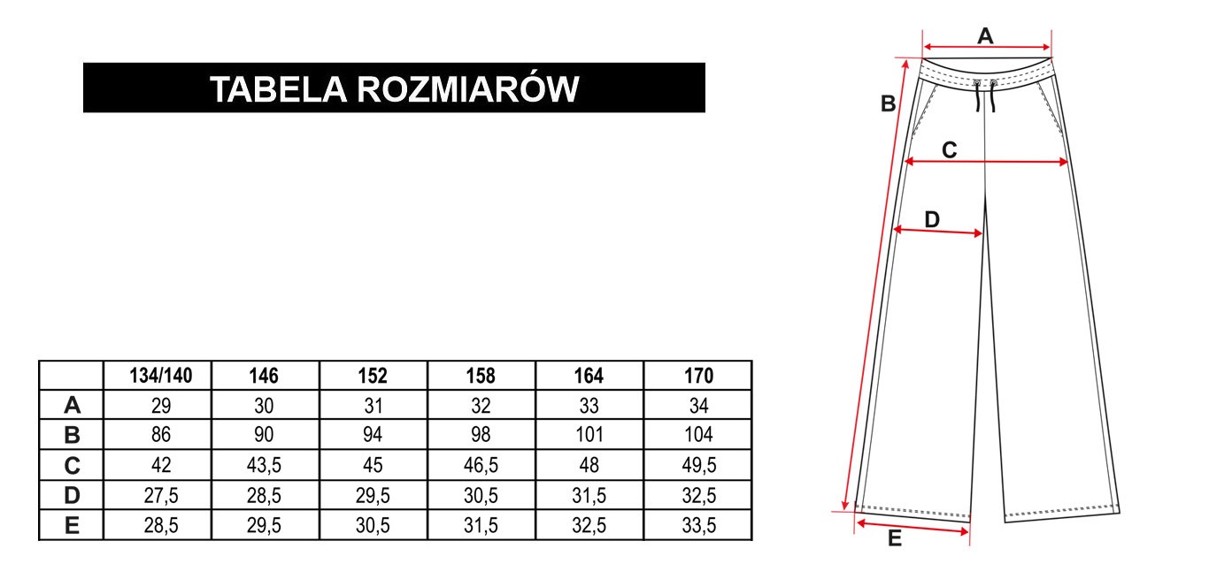 Tabela rozmiarów - Fioletowe spodnie dresowe z szerokimi nogawkami