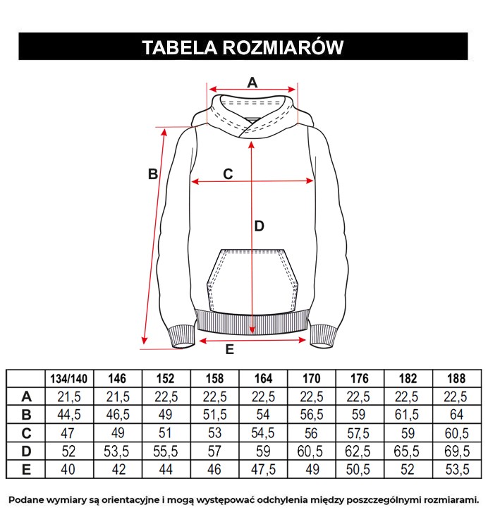 Tabela rozmiarów - Czarna bluza z kapturem z kontrastową grafiką na rękawie