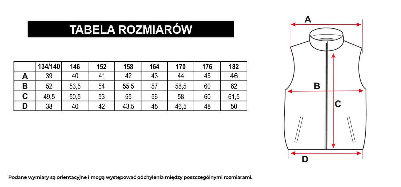 Tabela rozmiarów - Dwustronny pikowany bezrękawnik z ociepleniem