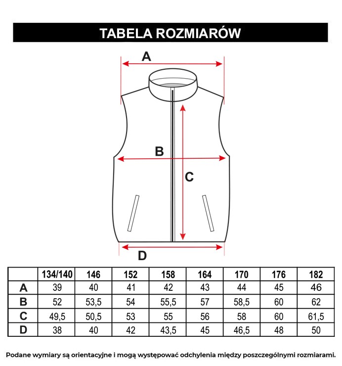 Tabela rozmiarów - Dwustronny pikowany bezrękawnik z ociepleniem