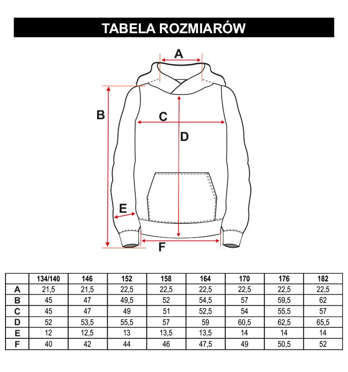 Tabela rozmiarów - Bordowa bluza dresowa z kapturem i nadrukiem