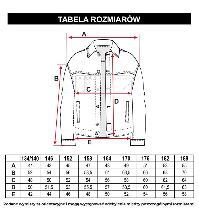 Tabela rozmiarów - Jeansowa kurtka przejściowa z narukami z przodu i z tyłu