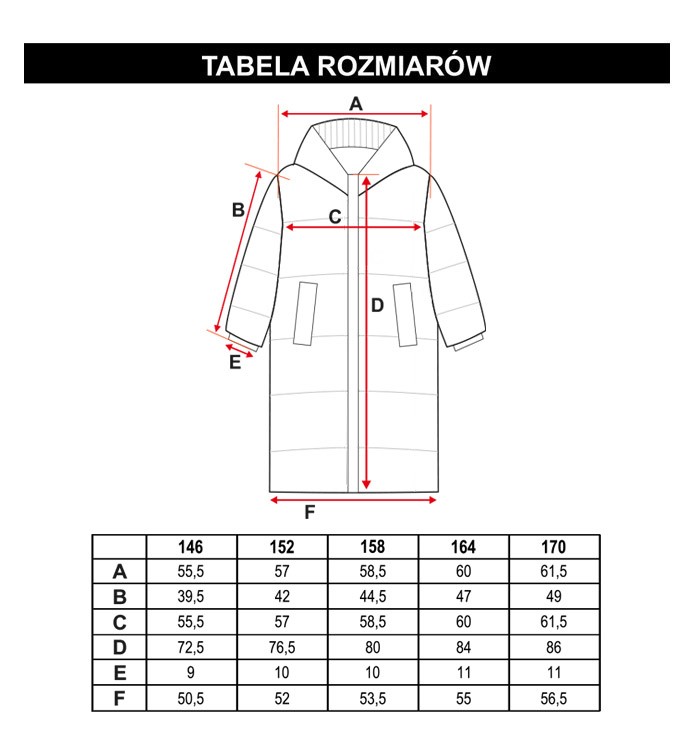Tabela rozmiarów - Czarna przedłużana pikowana kurtka z kapturem
