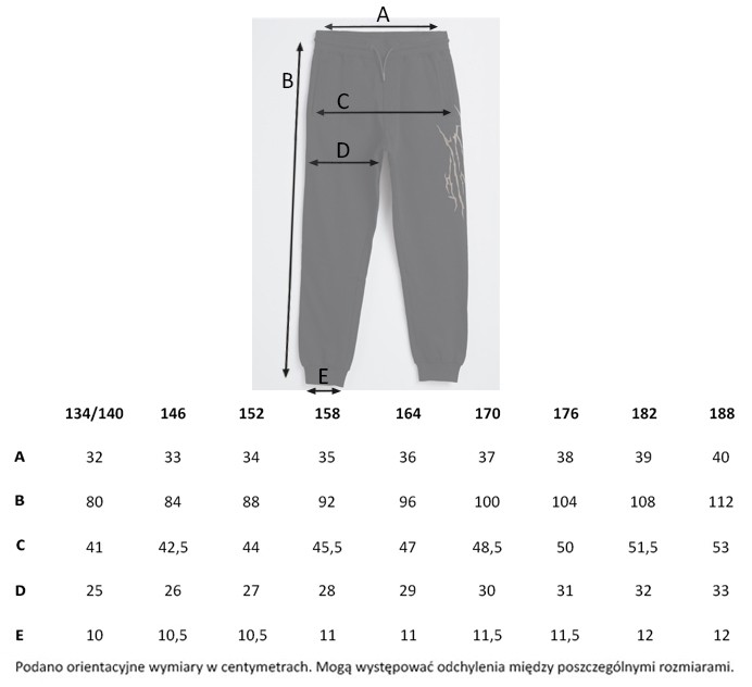 Tabela rozmiarów - Czarne spodnie dresowe z nadrukiem na nogawce