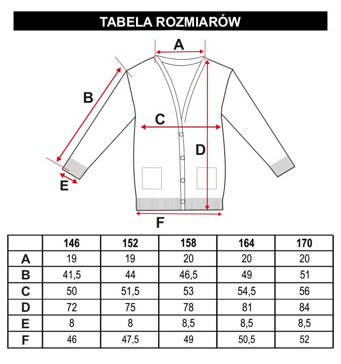 Tabela rozmiarów - Czarny przedłużany sweter kardigan SCHOOL GIRL