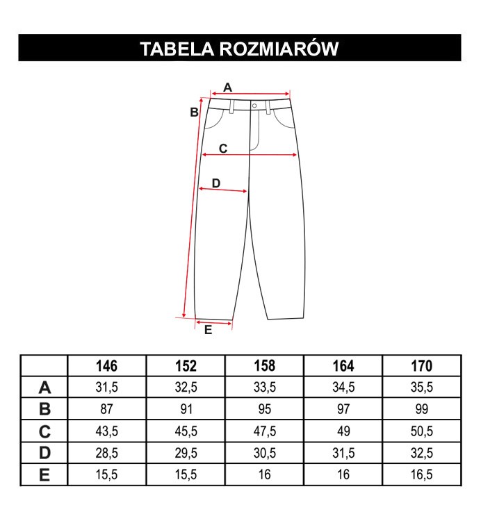 Tabela rozmiarów - Jasnoniebieskie jeansy z przetarciami