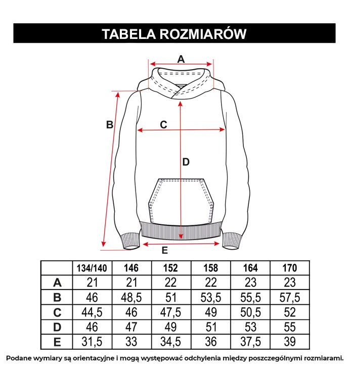 Tabela rozmiarów - Fioletowa bluza z kapturem z autorską grafiką z tyłu zapinana na zamek