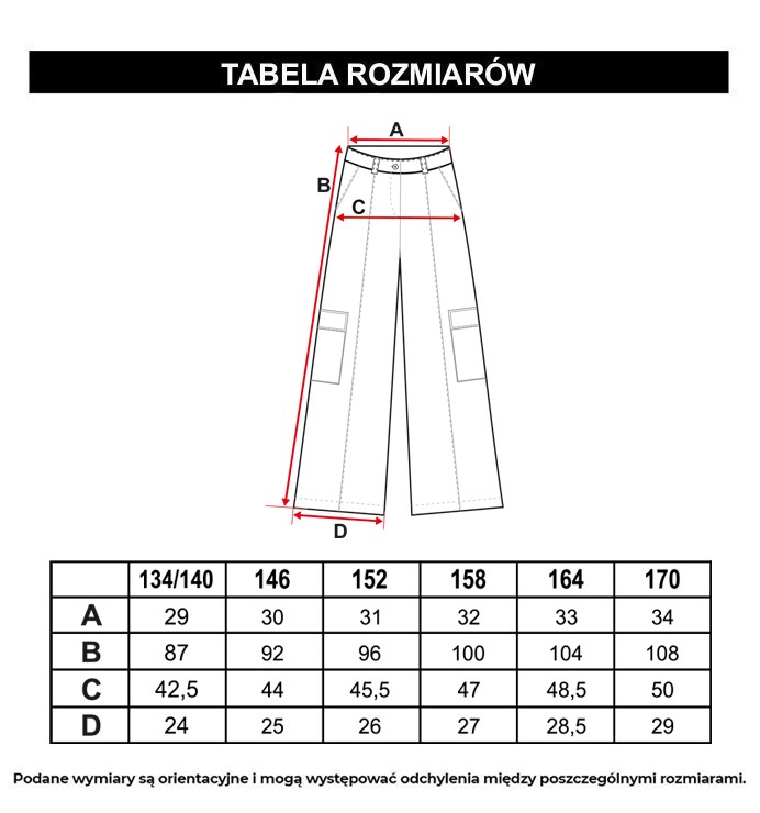 Tabela rozmiarów - Czarne spodnie z szerokimi nogawkami z przestrzennymi kieszeniami