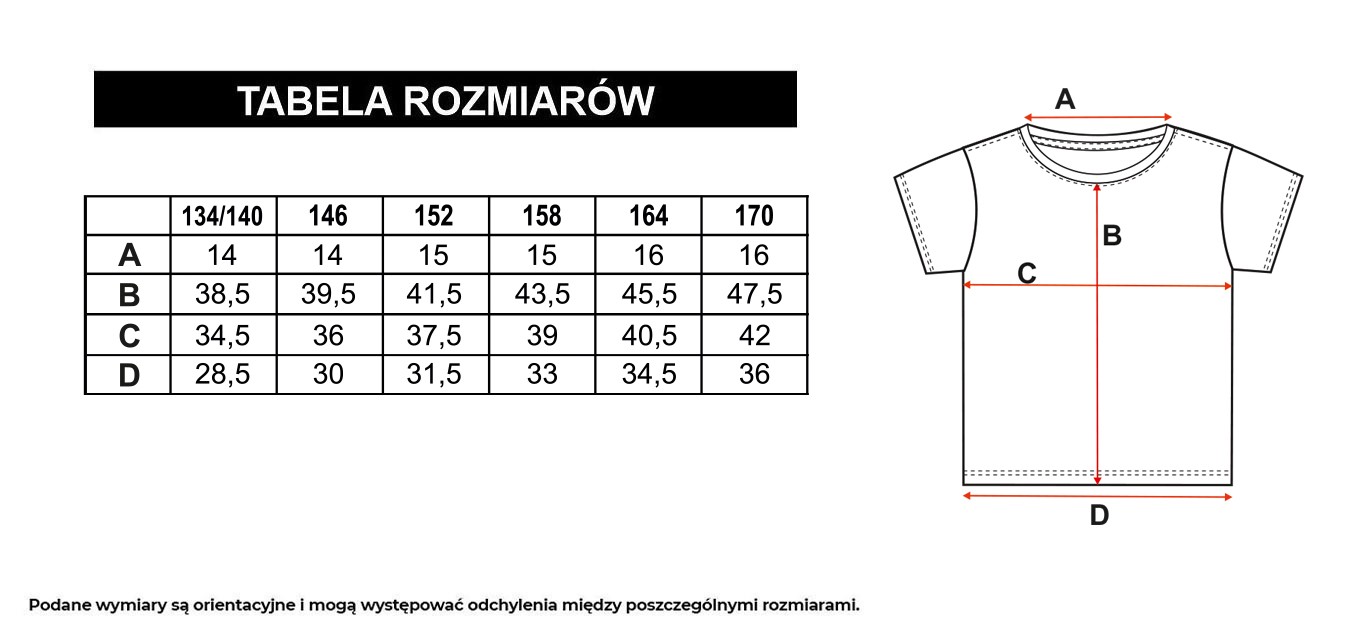 Tabela rozmiarów - Czarny t-shirt z kolorowymi nadrukami na całości