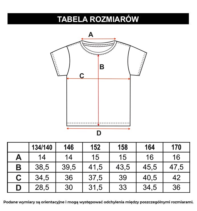 Tabela rozmiarów - Czarny t-shirt z kolorowymi nadrukami na całości