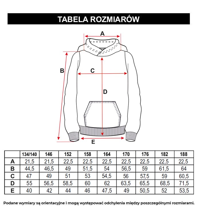 Tabela rozmiarów - Czarna bluza z kapturem z nadrukiem z przodu oraz na rękawach zapinana na zamek