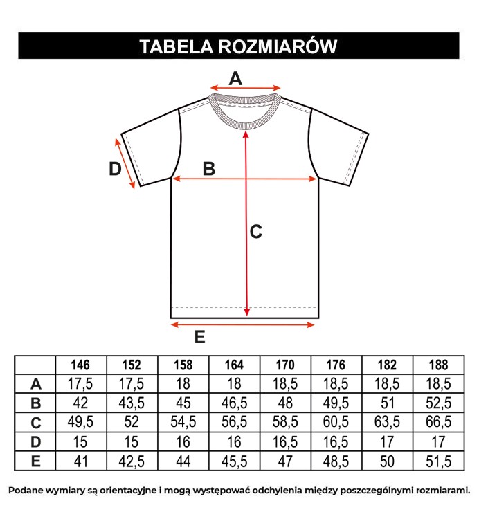 Tabela rozmiarów - Czarny t-shirt z kolorowym nadrukiem na wysokości piersi