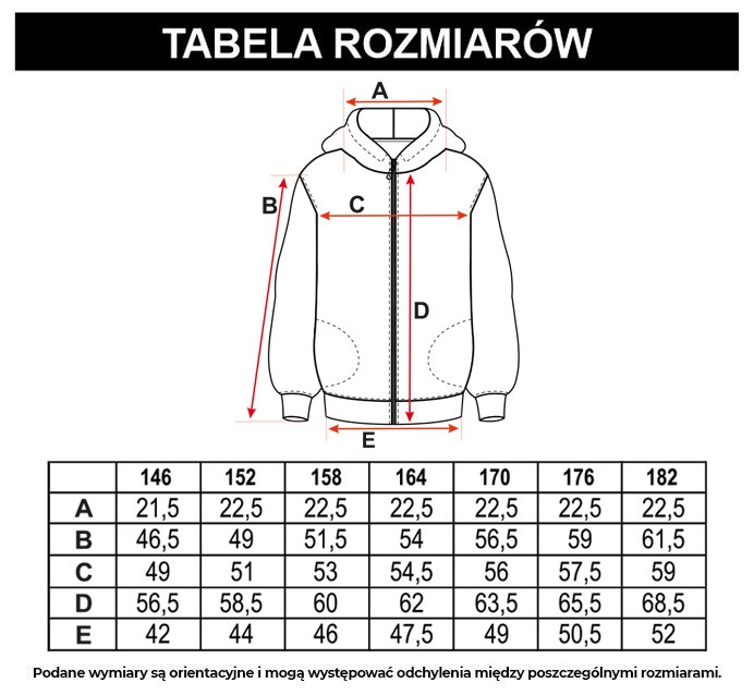 Tabela rozmiarów - Czarna wzorzysta rozpinana bluza dresowa z kapturem