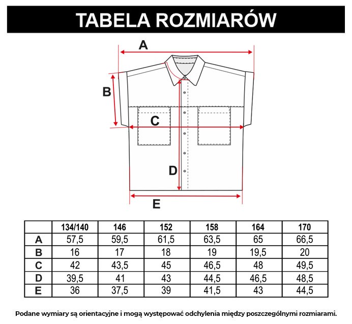 Tabela rozmiarów - Biała koszula z krótkim rękawem ozdobnymi kieszeniami