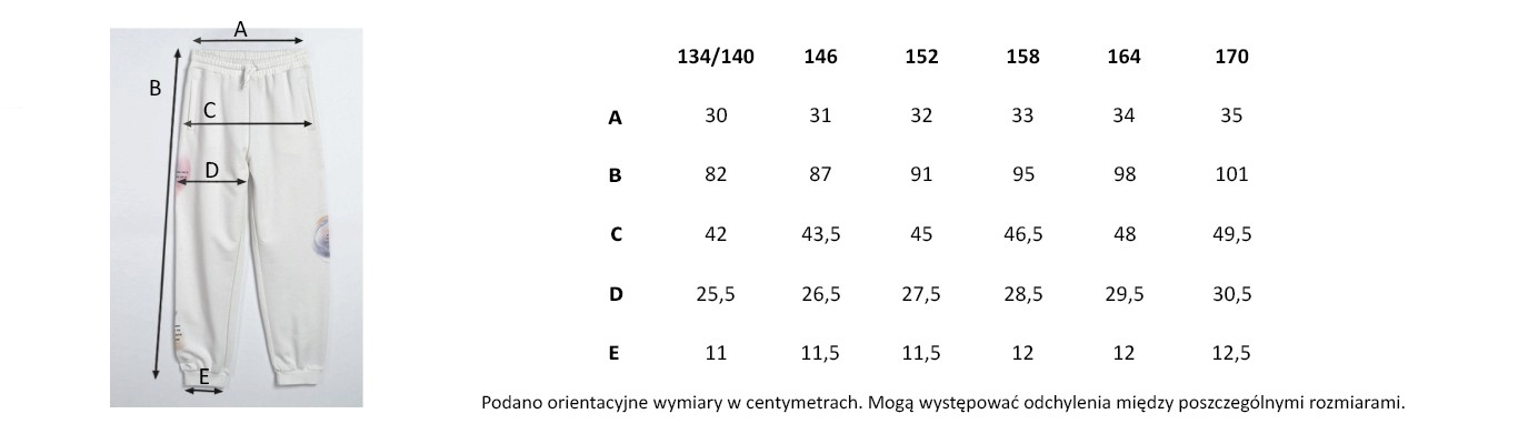 Tabela rozmiarów - Białe spodnie dresowe z kolorowymi nadrukami na nogawkach