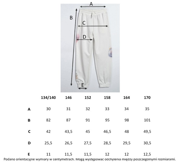 Tabela rozmiarów - Białe spodnie dresowe z kolorowymi nadrukami na nogawkach