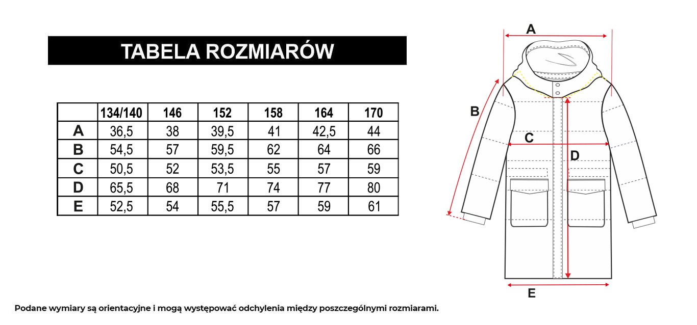 Tabela rozmiarów - Beżowa długa pikowana kurtka z kapturem ocieplana