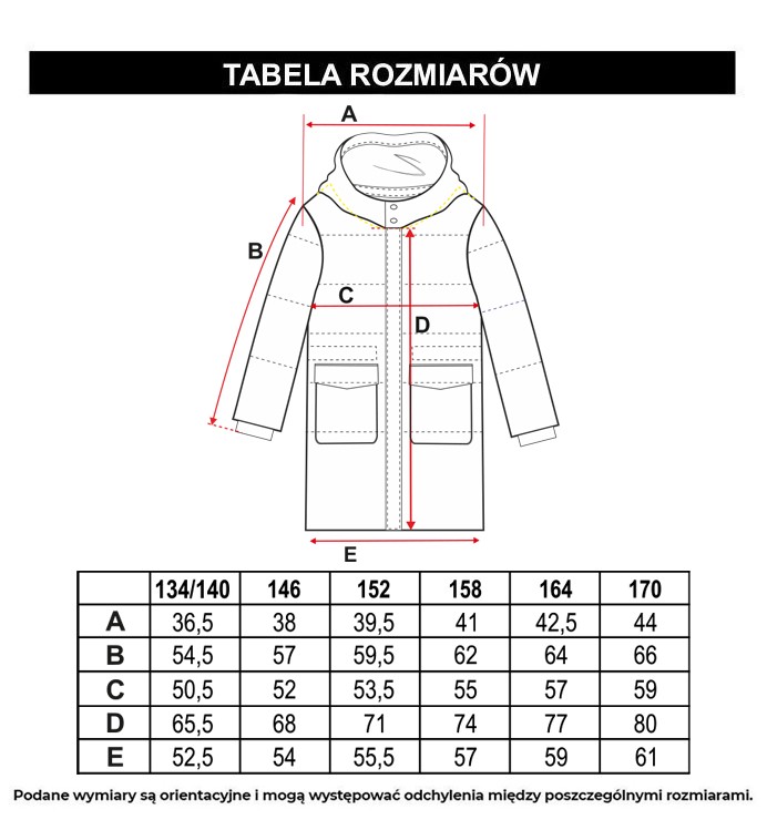 Tabela rozmiarów - Beżowa długa pikowana kurtka z kapturem ocieplana