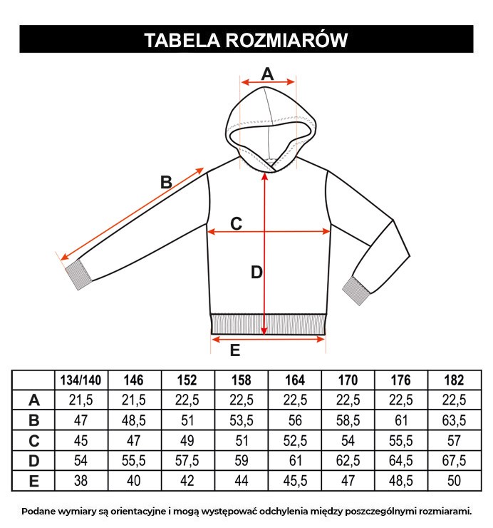 Tabela rozmiarów - Czerwona bluza dresowa z kapturem i nadrukiem